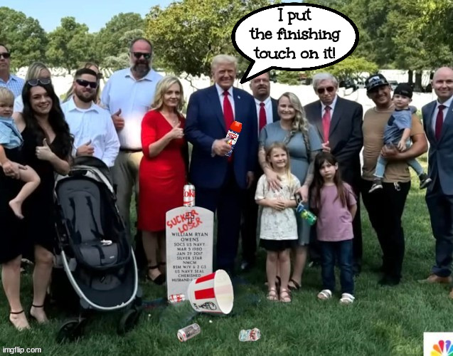 Voila! | I put the finishing touch on it! | image tagged in trump at arlington,sucker loser,sgt ryan owens,hallowed ground,trump trash,maga memorial mistake | made w/ Imgflip meme maker