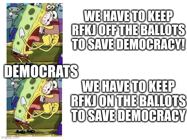 Hypocrites | WE HAVE TO KEEP RFKJ OFF THE BALLOTS TO SAVE DEMOCRACY! DEMOCRATS; WE HAVE TO KEEP RFKJ ON THE BALLOTS TO SAVE DEMOCRACY | made w/ Imgflip meme maker