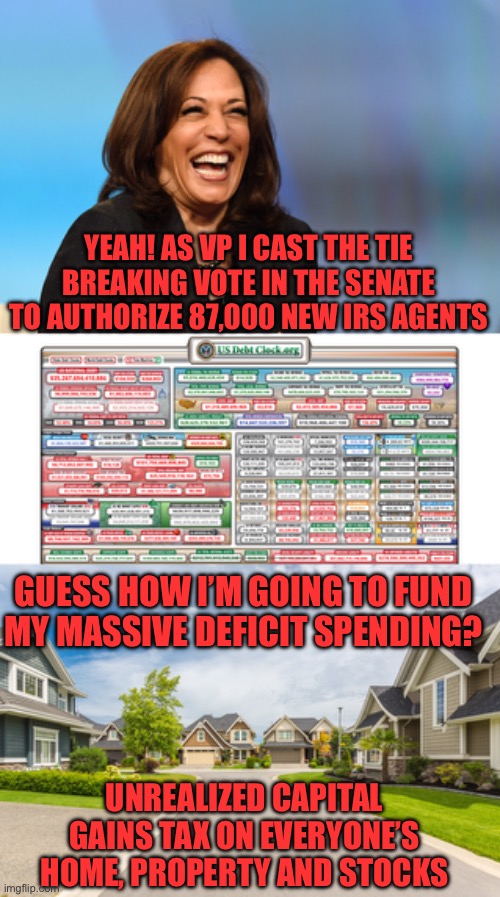 YEAH! AS VP I CAST THE TIE BREAKING VOTE IN THE SENATE TO AUTHORIZE 87,000 NEW IRS AGENTS; GUESS HOW I’M GOING TO FUND MY MASSIVE DEFICIT SPENDING? UNREALIZED CAPITAL GAINS TAX ON EVERYONE’S HOME, PROPERTY AND STOCKS | image tagged in kamala harris laughing,neighborhood | made w/ Imgflip meme maker