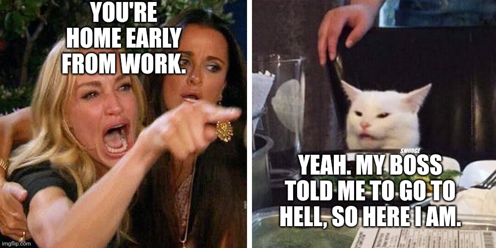 Smudge that darn cat with Karen | YOU'RE HOME EARLY FROM WORK. YEAH. MY BOSS TOLD ME TO GO TO HELL, SO HERE I AM. | image tagged in smudge that darn cat with karen | made w/ Imgflip meme maker