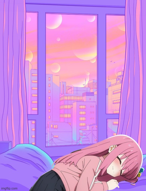 Hitori sleep | image tagged in neon bedroom background,sleeping | made w/ Imgflip meme maker