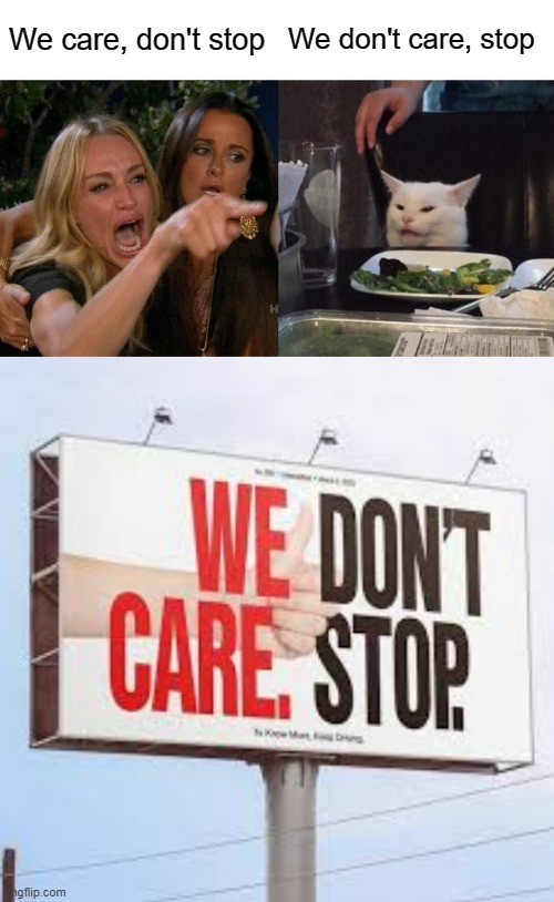 Funny sign | We care, don't stop; We don't care, stop | image tagged in memes,woman yelling at cat | made w/ Imgflip meme maker