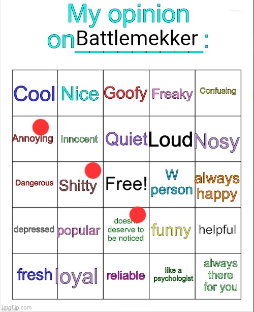 He mod abuses and  he is annoying | Battlemekker | image tagged in my opinion on ___ bingo by owu | made w/ Imgflip meme maker