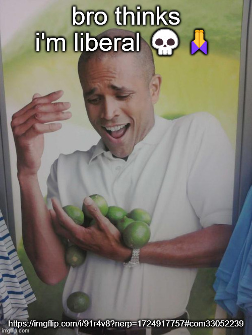 Why Can't I Hold All These Limes Meme | bro thinks i'm liberal 💀🙏; https://imgflip.com/i/91r4v8?nerp=1724917757#com33052239 | image tagged in memes,why can't i hold all these limes | made w/ Imgflip meme maker