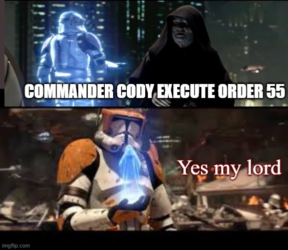 Yes my lord | COMMANDER CODY EXECUTE ORDER 55 | image tagged in yes my lord,execute order 55 | made w/ Imgflip meme maker