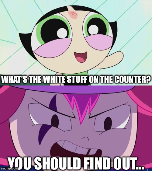 Spoiler: it’s bird poo | WHAT’S THE WHITE STUFF ON THE COUNTER? YOU SHOULD FIND OUT… | image tagged in you should find out,powerpuff girls,birds,poo,white,birb | made w/ Imgflip meme maker