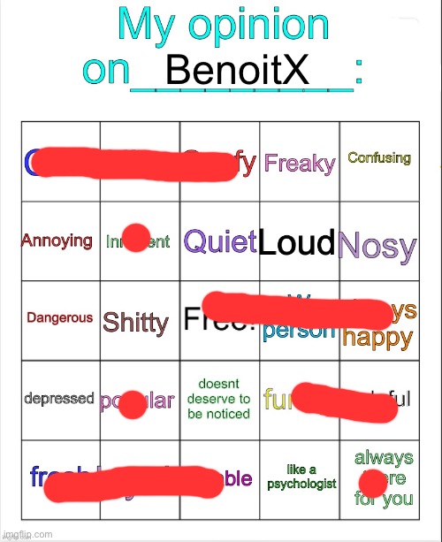 My opinion on ___ bingo by owu | BenoitX | image tagged in my opinion on ___ bingo by owu | made w/ Imgflip meme maker