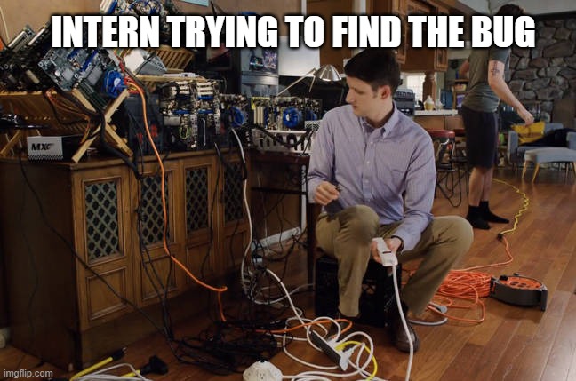 Intern trying to find the bug | INTERN TRYING TO FIND THE BUG | image tagged in silicon valley servers | made w/ Imgflip meme maker