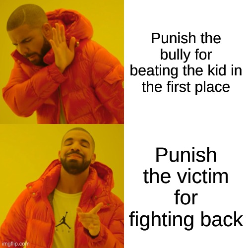 bro's blind | Punish the bully for beating the kid in the first place; Punish the victim for fighting back | image tagged in memes,drake hotline bling | made w/ Imgflip meme maker