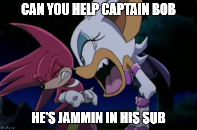 rouge yelling at knuckles | CAN YOU HELP CAPTAIN BOB; HE'S JAMMIN IN HIS SUB | image tagged in rouge yelling at knuckles,crashbox | made w/ Imgflip meme maker