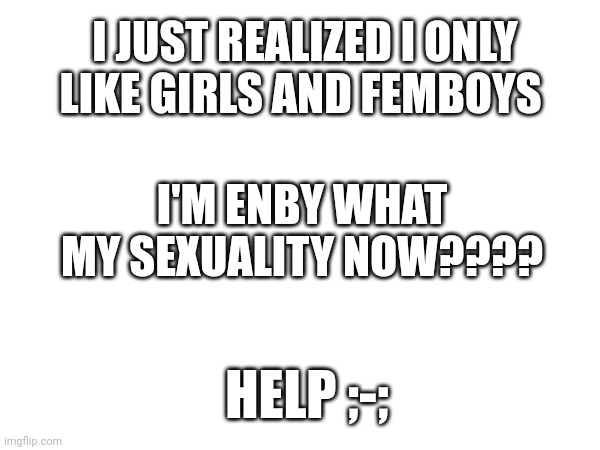 ????? | I JUST REALIZED I ONLY LIKE GIRLS AND FEMBOYS; I'M ENBY WHAT MY SEXUALITY NOW???? HELP ;-; | made w/ Imgflip meme maker