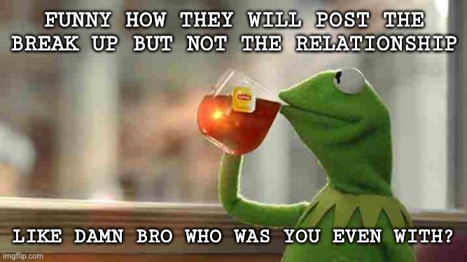 Kermit sipping tea | FUNNY HOW THEY WILL POST THE BREAK UP BUT NOT THE RELATIONSHIP; LIKE DAMN BRO WHO WAS YOU EVEN WITH? | image tagged in kermit sipping tea | made w/ Imgflip meme maker