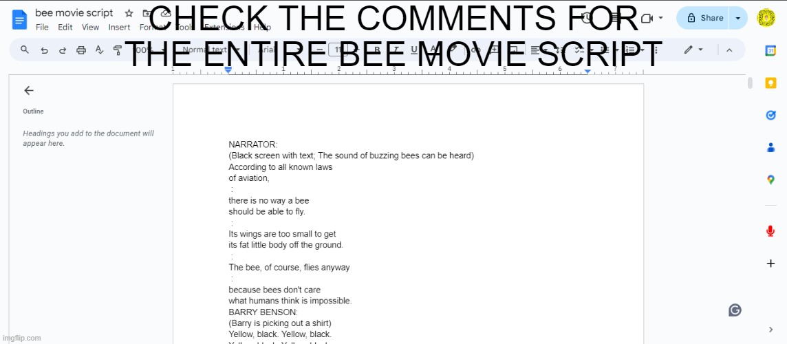 b | CHECK THE COMMENTS FOR THE ENTIRE BEE MOVIE SCRIPT | image tagged in bee movie | made w/ Imgflip meme maker