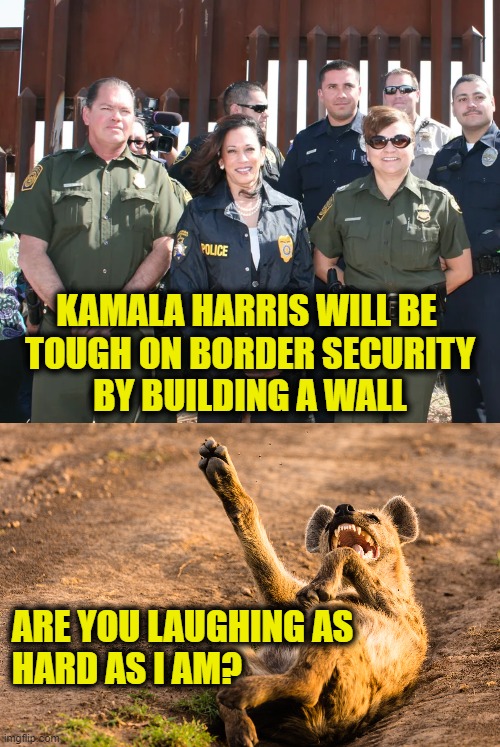 Where have I heard that before? | KAMALA HARRIS WILL BE 
TOUGH ON BORDER SECURITY
BY BUILDING A WALL; ARE YOU LAUGHING AS
HARD AS I AM? | image tagged in kamala harris | made w/ Imgflip meme maker