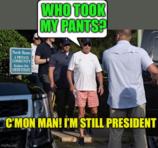 Democrat President looks alive, but still lost. | WHO TOOK MY PANTS? C’MON MAN! I’M STILL PRESIDENT | image tagged in gifs,democrats,biden,dementia,vacation | made w/ Imgflip meme maker