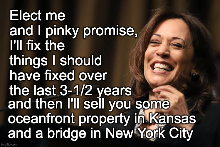 She's a communist fool hoping to be elected by socialist idiots | Elect me and I pinky promise, I'll fix the things I should have fixed over the last 3-1/2 years; and then I'll sell you some oceanfront property in Kansas and a bridge in New York City | image tagged in kamala harris laughing,stupid liberals | made w/ Imgflip meme maker