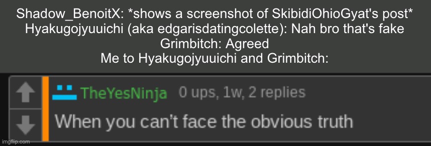 TheYesNinja when you can't face the obvious truth | Shadow_BenoitX: *shows a screenshot of SkibidiOhioGyat's post*
Hyakugojyuuichi (aka edgarisdatingcolette): Nah bro that's fake
Grimbitch: Agreed
Me to Hyakugojyuuichi and Grimbitch: | image tagged in theyesninja when you can't face the obvious truth | made w/ Imgflip meme maker