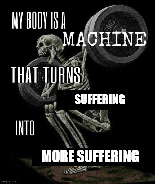 My body is machine | SUFFERING; MORE SUFFERING | image tagged in my body is machine | made w/ Imgflip meme maker