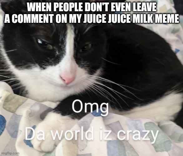 At least comment! | WHEN PEOPLE DON'T EVEN LEAVE A COMMENT ON MY JUICE JUICE MILK MEME | image tagged in crazy world cat | made w/ Imgflip meme maker