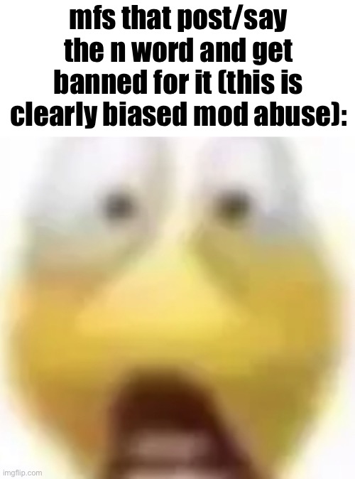 Shocked | mfs that post/say the n word and get banned for it (this is clearly biased mod abuse): | image tagged in shocked | made w/ Imgflip meme maker