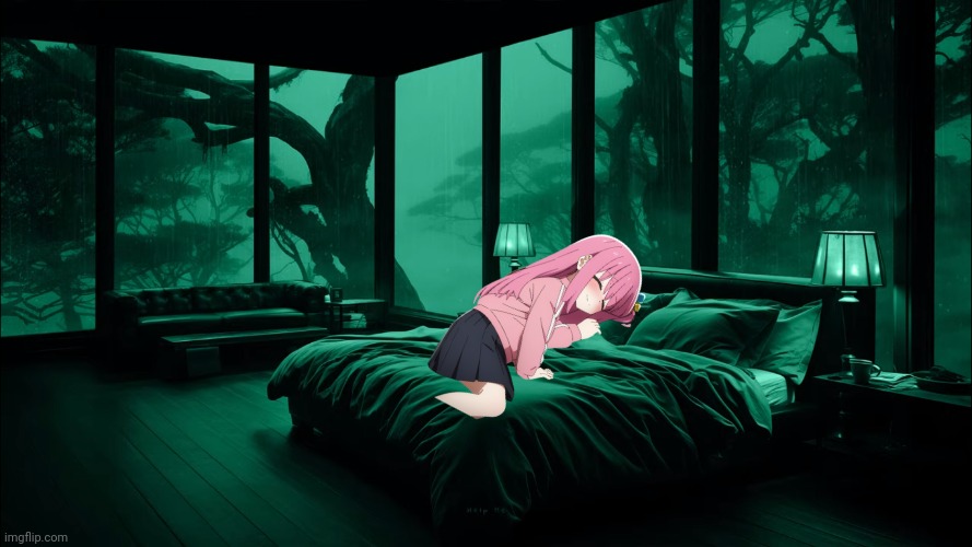 Hitori dreams | image tagged in lonely bedroom in the rain | made w/ Imgflip meme maker