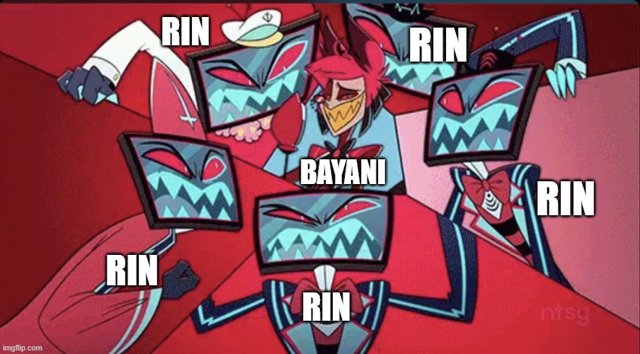 Alastor surrounded by Vox | RIN; RIN; BAYANI; RIN; RIN; RIN | image tagged in alastor surrounded by vox,vox,alastor,hazbin hotel,nq | made w/ Imgflip meme maker