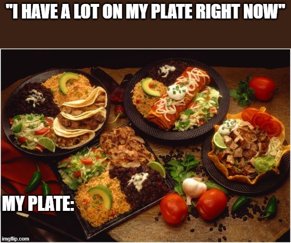 I dont think I can handle much more | "I HAVE A LOT ON MY PLATE RIGHT NOW"; MY PLATE: | image tagged in mexican food | made w/ Imgflip meme maker