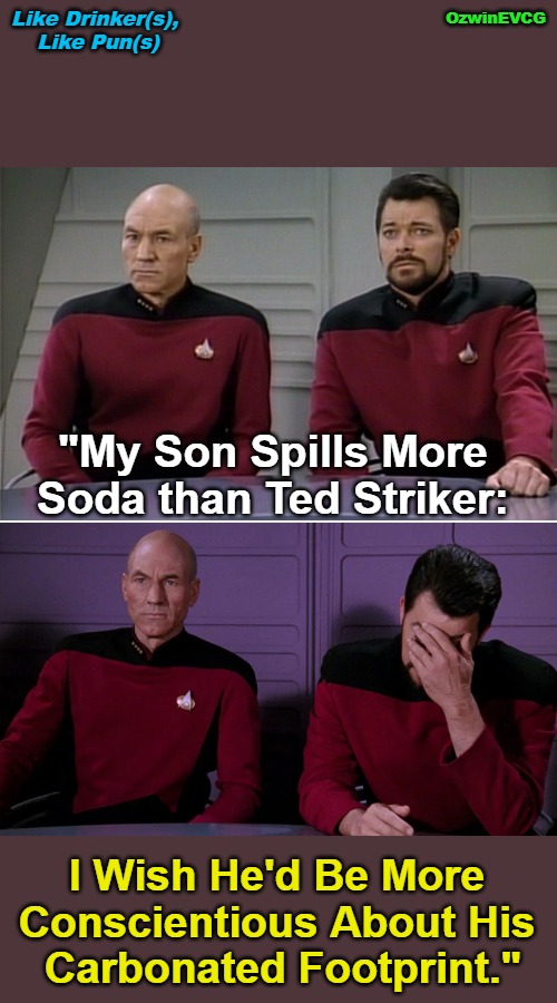 Like Drinker(s), Like Pun(s) | OzwinEVCG; Like Drinker(s), 

Like Pun(s); "My Son Spills More 

Soda than Ted Striker:; I Wish He'd Be More 

Conscientious About His 

Carbonated Footprint." | image tagged in picard riker listening to a pun,drinking problems,carbon footprint,airplane movies,environmental awareness,family life | made w/ Imgflip meme maker