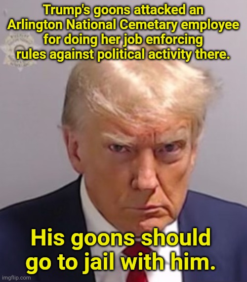 Trump's goon squad | Trump's goons attacked an Arlington National Cemetary employee for doing her job enforcing rules against political activity there. His goons should go to jail with him. | image tagged in donald trump mugshot | made w/ Imgflip meme maker