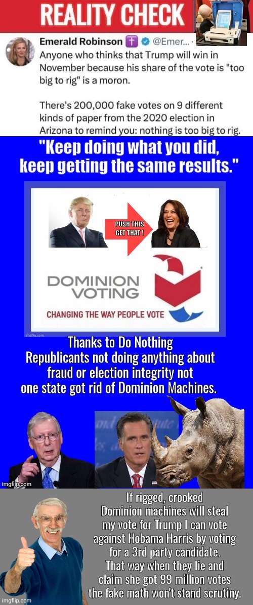 Too big to rig my ass | If rigged, crooked Dominion machines will steal my vote for Trump I can vote against Hobama Harris by voting for a 3rd party candidate. That way when they lie and claim she got 99 million votes the fake math won't stand scrutiny. | image tagged in election fraud,kamala harris,donald trump,crooked | made w/ Imgflip meme maker