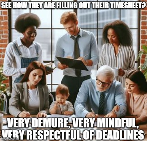 demure timesheets | SEE HOW THEY ARE FILLING OUT THEIR TIMESHEET? VERY DEMURE, VERY MINDFUL, VERY RESPECTFUL OF DEADLINES | image tagged in demure,timesheet | made w/ Imgflip meme maker