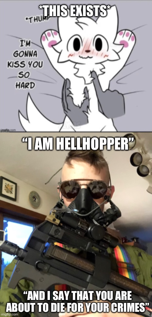 That furry is goin down | *THIS EXISTS*; “I AM HELLHOPPER”; “AND I SAY THAT YOU ARE ABOUT TO DIE FOR YOUR CRIMES” | image tagged in so true memes | made w/ Imgflip meme maker