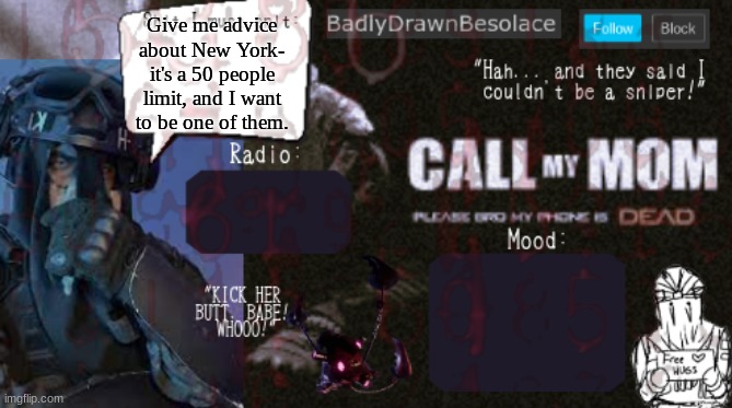 BDBS Temp 1 | Give me advice about New York- it's a 50 people limit, and I want to be one of them. | image tagged in bdbs temp 1 | made w/ Imgflip meme maker