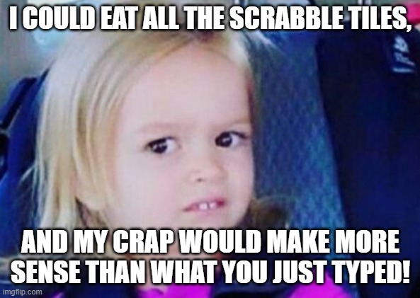 WTF1 | I COULD EAT ALL THE SCRABBLE TILES, AND MY CRAP WOULD MAKE MORE SENSE THAN WHAT YOU JUST TYPED! | image tagged in confused,confusion,visible confusion,wtf,stupid people | made w/ Imgflip meme maker