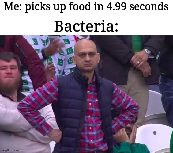 ? | Me: picks up food in 4.99 seconds; Bacteria: | image tagged in disappointed man,funny,memes,bacteria | made w/ Imgflip meme maker