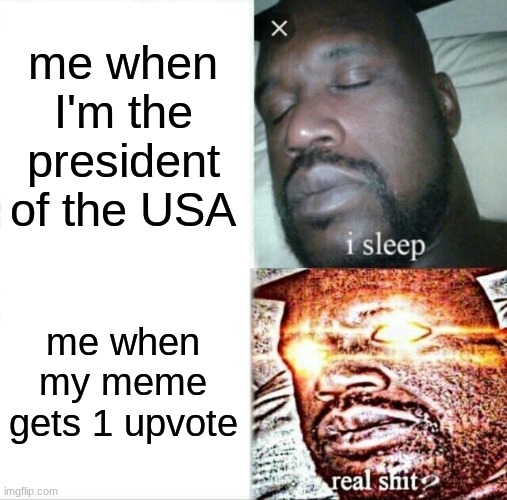 Sleeping Shaq | me when I'm the president of the USA; me when my meme gets 1 upvote | image tagged in memes,sleeping shaq | made w/ Imgflip meme maker