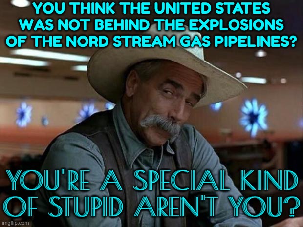 You Think The US Was Not Behind Nord Stream Sabotage? You're A Special Kind Of Stupid Aren't You? | YOU THINK THE UNITED STATES WAS NOT BEHIND THE EXPLOSIONS OF THE NORD STREAM GAS PIPELINES? YOU'RE A SPECIAL KIND
OF STUPID AREN'T YOU? | image tagged in special kind of stupid,scumbag america,ukraine,russia,ukrainian lives matter,world war 3 | made w/ Imgflip meme maker