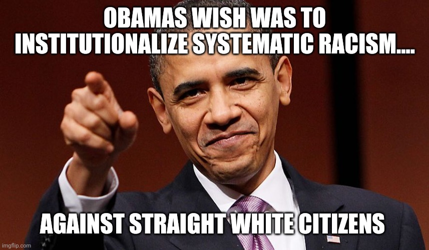 Mission complete.... | OBAMAS WISH WAS TO INSTITUTIONALIZE SYSTEMATIC RACISM.... AGAINST STRAIGHT WHITE CITIZENS | image tagged in barak obama pointing | made w/ Imgflip meme maker