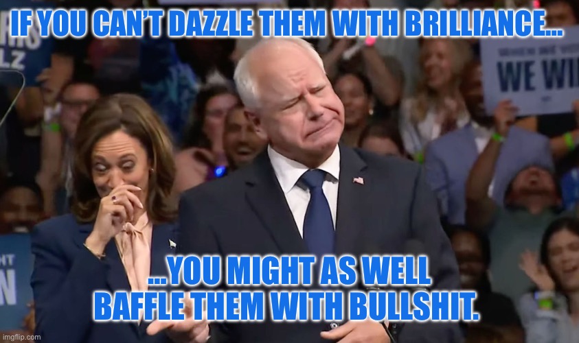 Tim Walz and Kamala Harris | IF YOU CAN’T DAZZLE THEM WITH BRILLIANCE…; …YOU MIGHT AS WELL BAFFLE THEM WITH BULLSHIT. | image tagged in tim walz and kamala harris | made w/ Imgflip meme maker