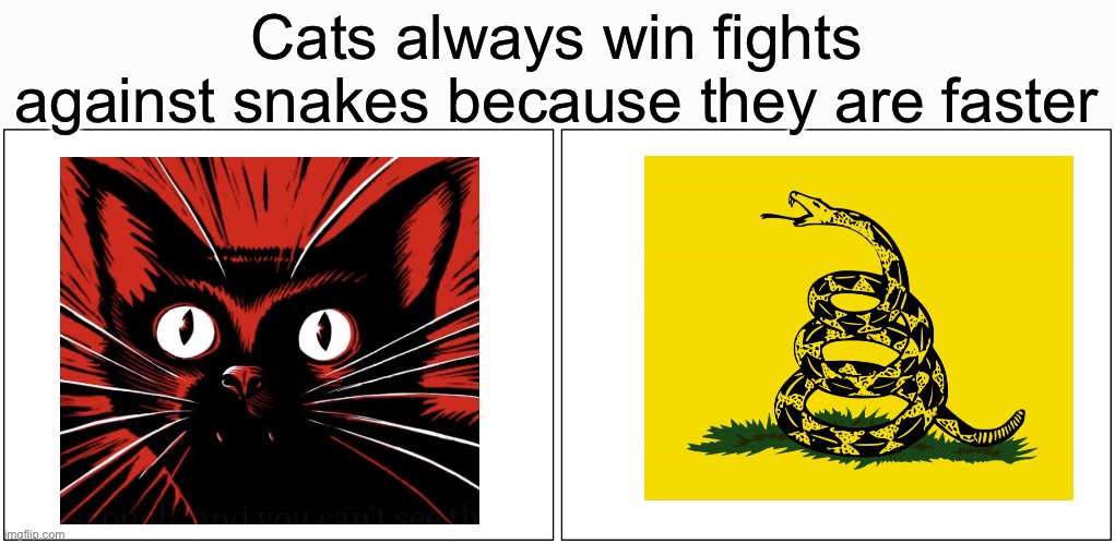 What could this mean | Cats always win fights against snakes because they are faster | image tagged in memes,blank comic panel 2x1,libertarian,syndicalist,capitalism,anarchism | made w/ Imgflip meme maker