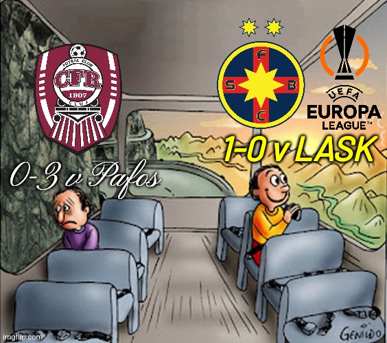 Half-Hot, Half-Cold day for Romania | Pafos-CFR 3:0, FCSB-LASK 1:0 | 1-0 v LASK; 0-3 v Pafos | image tagged in two guys on a bus,fcsb,lask,cfr cluj,pafos,europa league | made w/ Imgflip meme maker