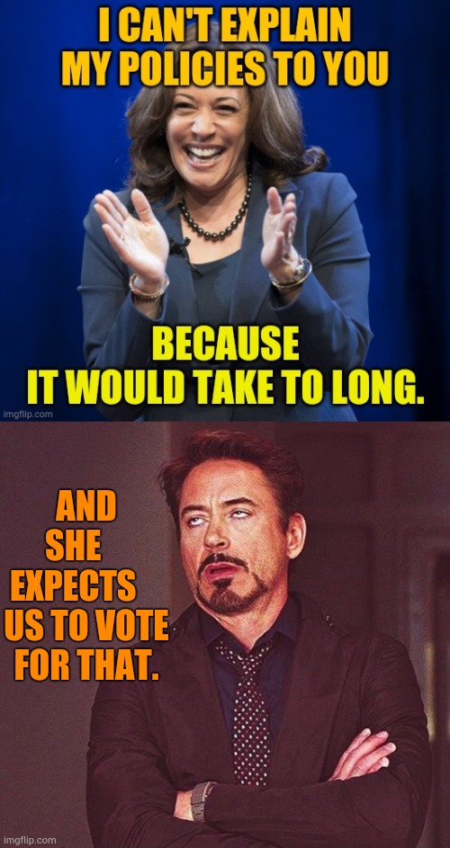 Kamala Harris' Campaign Strategy | AND SHE     EXPECTS     US TO VOTE FOR THAT. | image tagged in robert downey jr annoyed,vote for that,kamala harris,politics,can't explain,memes | made w/ Imgflip meme maker