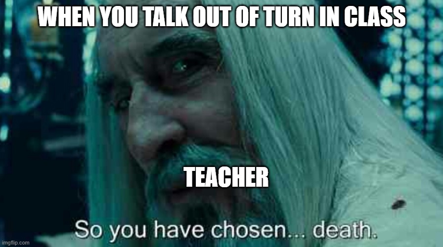 Me at school | WHEN YOU TALK OUT OF TURN IN CLASS; TEACHER | image tagged in so you have chosen death | made w/ Imgflip meme maker