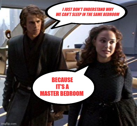 Payment Anakin | I JUST DON'T UNDERSTAND WHY WE CAN'T SLEEP IN THE SAME BEDROOM; BECAUSE IT'S A MASTER BEDROOM | image tagged in payment anakin | made w/ Imgflip meme maker