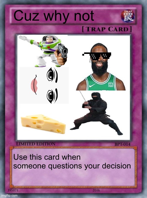 trap card | Cuz why not; Use this card when someone questions your decision | image tagged in trap card | made w/ Imgflip meme maker