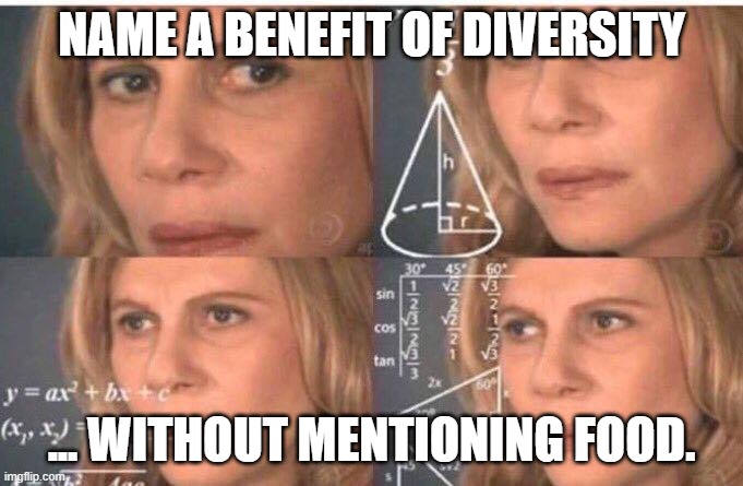 Diversity is our .... umm, what was it? | NAME A BENEFIT OF DIVERSITY; ... WITHOUT MENTIONING FOOD. | image tagged in math lady/confused lady | made w/ Imgflip meme maker