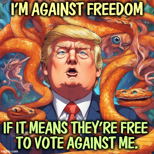 I'M AGAINST FREEDOM; IF IT MEANS THEY'RE FREE 
TO VOTE AGAINST ME. | image tagged in trump,freedom,dictator,democracy | made w/ Imgflip meme maker