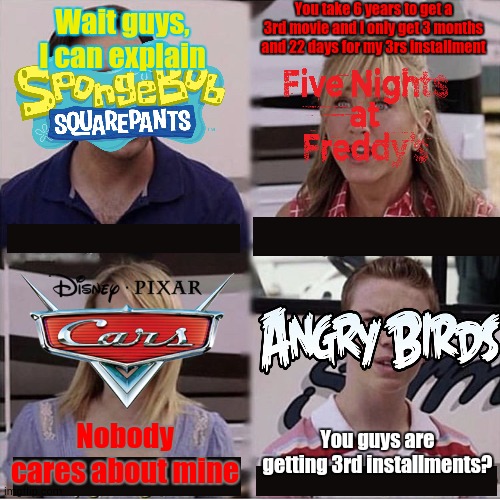 F in the Chat for Angry Birds | You take 6 years to get a 3rd movie and I only get 3 months and 22 days for my 3rs installment; Wait guys, I can explain; You guys are getting 3rd installments? Nobody cares about mine | image tagged in you guys are getting paid template | made w/ Imgflip meme maker