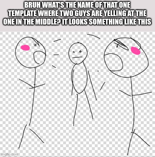 BRUH WHAT'S THE NAME OF THAT ONE TEMPLATE WHERE TWO GUYS ARE YELLING AT THE ONE IN THE MIDDLE? IT LOOKS SOMETHING LIKE THIS | made w/ Imgflip meme maker