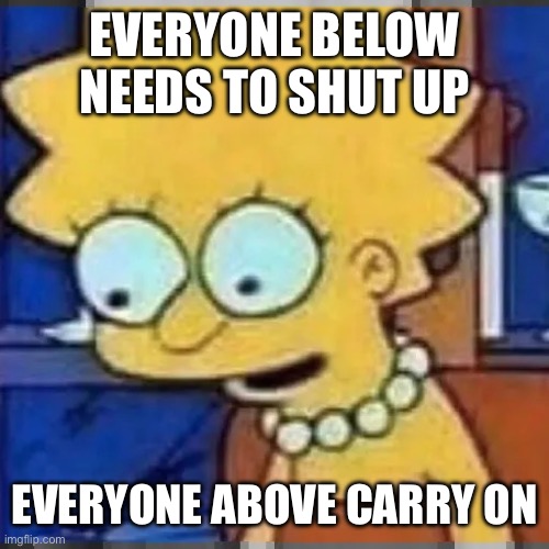 Lisa Simpson Looking Down | EVERYONE BELOW NEEDS TO SHUT UP; EVERYONE ABOVE CARRY ON | image tagged in lisa simpson looking down | made w/ Imgflip meme maker